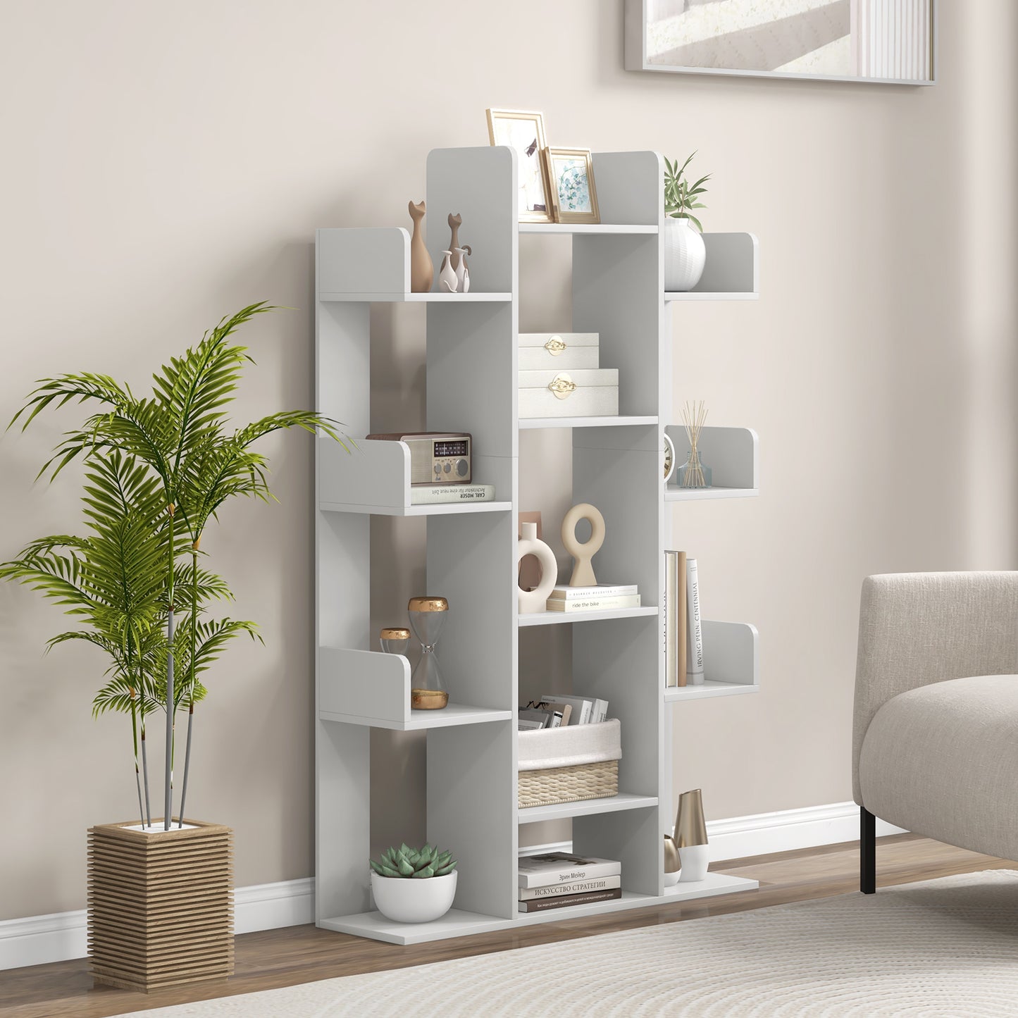 Tree Bookshelf Corner Books Storage Organizer with 13 Open Shelves-Grey