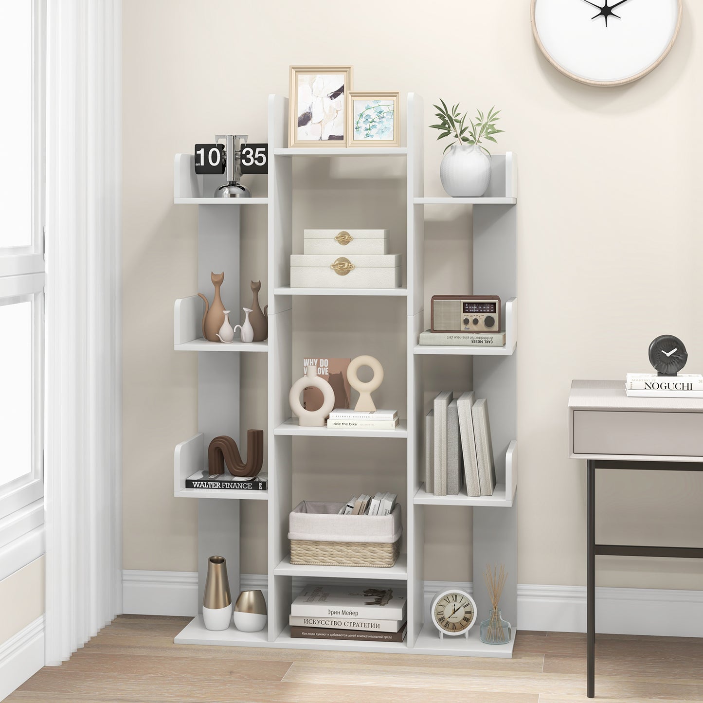 Tree Bookshelf Corner Books Storage Organizer with 13 Open Shelves-Grey