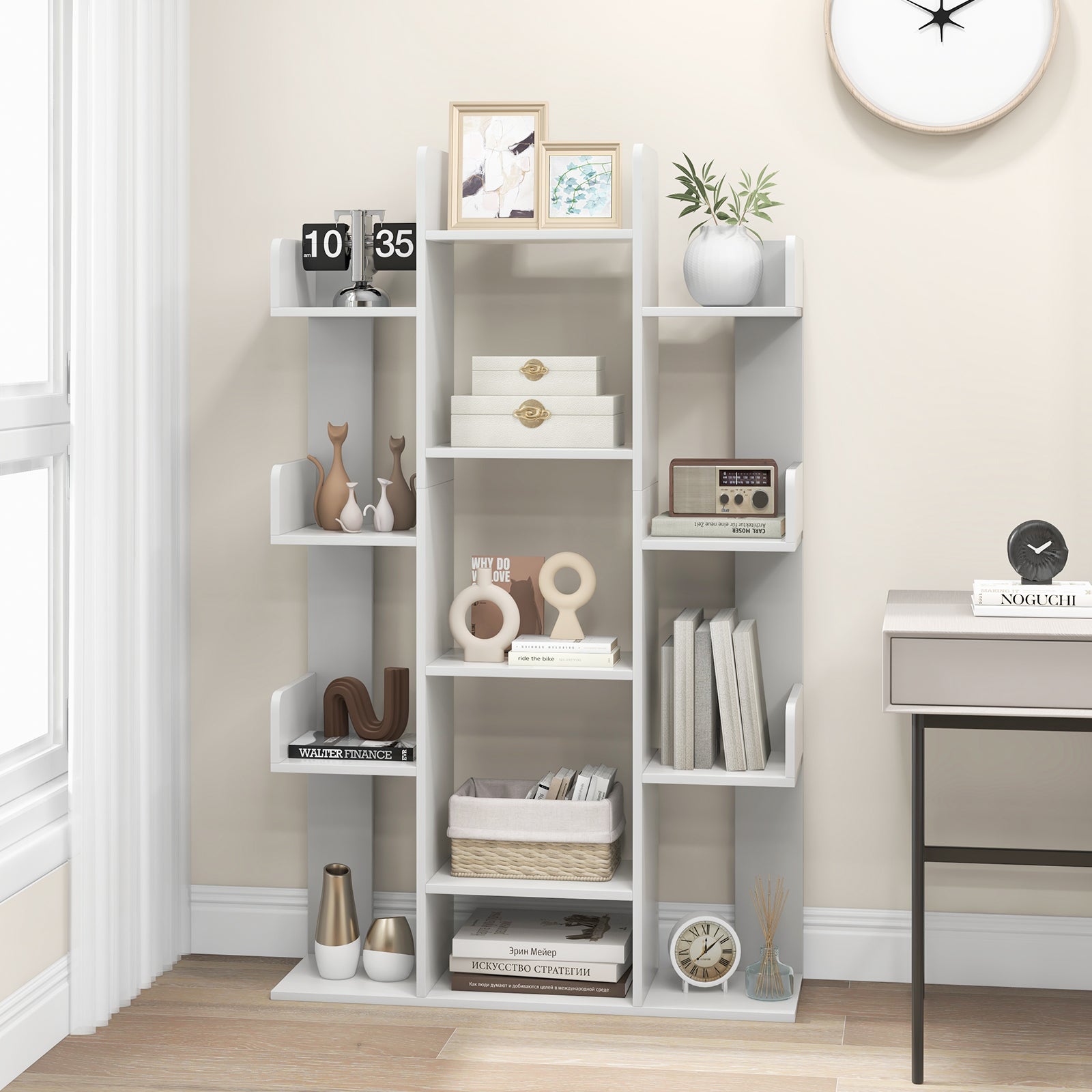 Tree Bookshelf Corner Books Storage Organizer with 13 Open Shelves-Grey