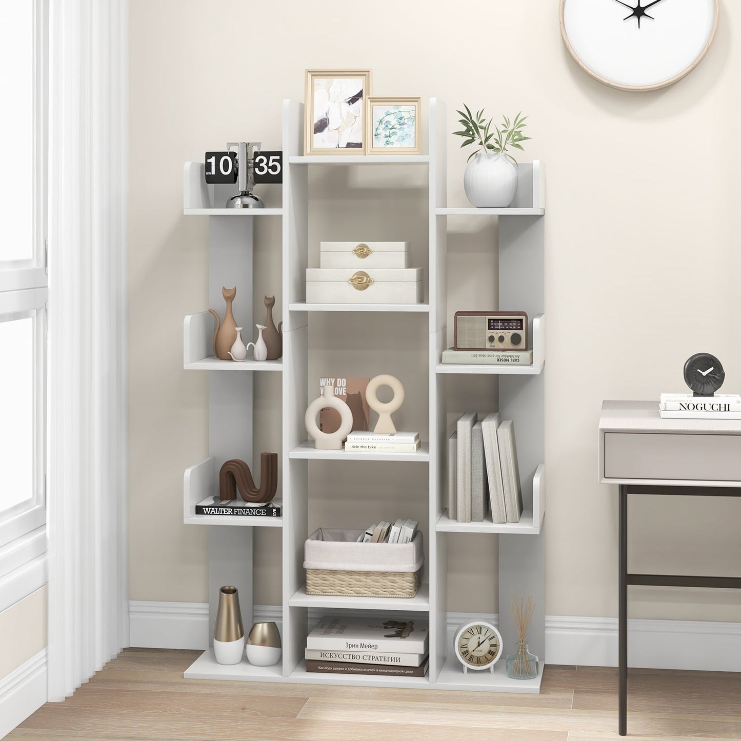 Tree Bookshelf Corner Books Storage Organizer with 13 Open Shelves-Grey
