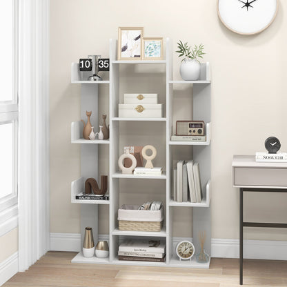 Tree Bookshelf Corner Books Storage Organizer with 13 Open Shelves-Grey