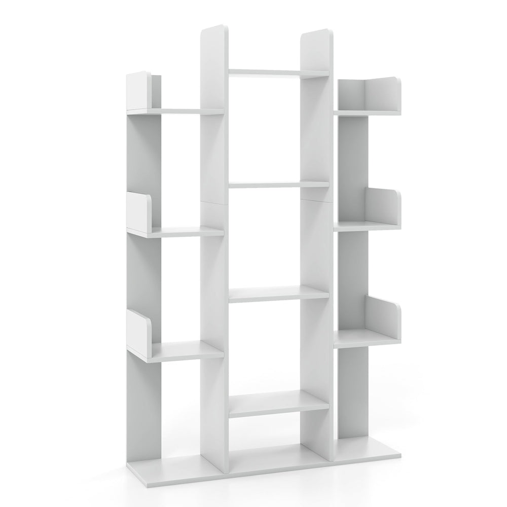 Tree Bookshelf Corner Books Storage Organizer with 13 Open Shelves-Grey