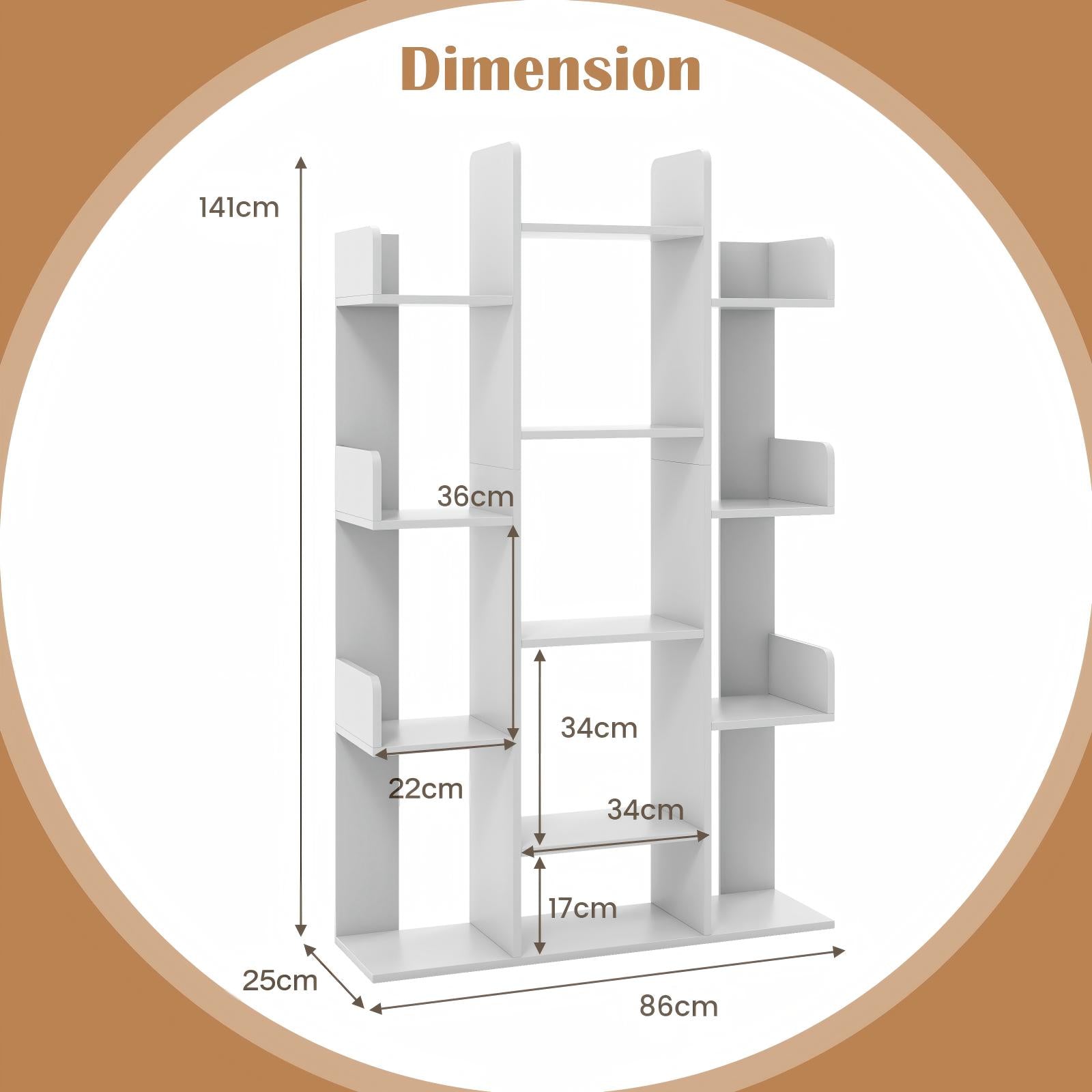 Tree Bookshelf Corner Books Storage Organizer with 13 Open Shelves-Grey