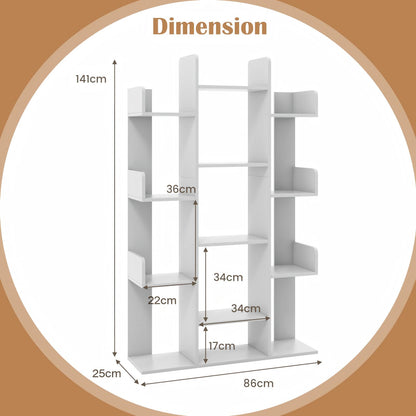 Tree Bookshelf Corner Books Storage Organizer with 13 Open Shelves-Grey