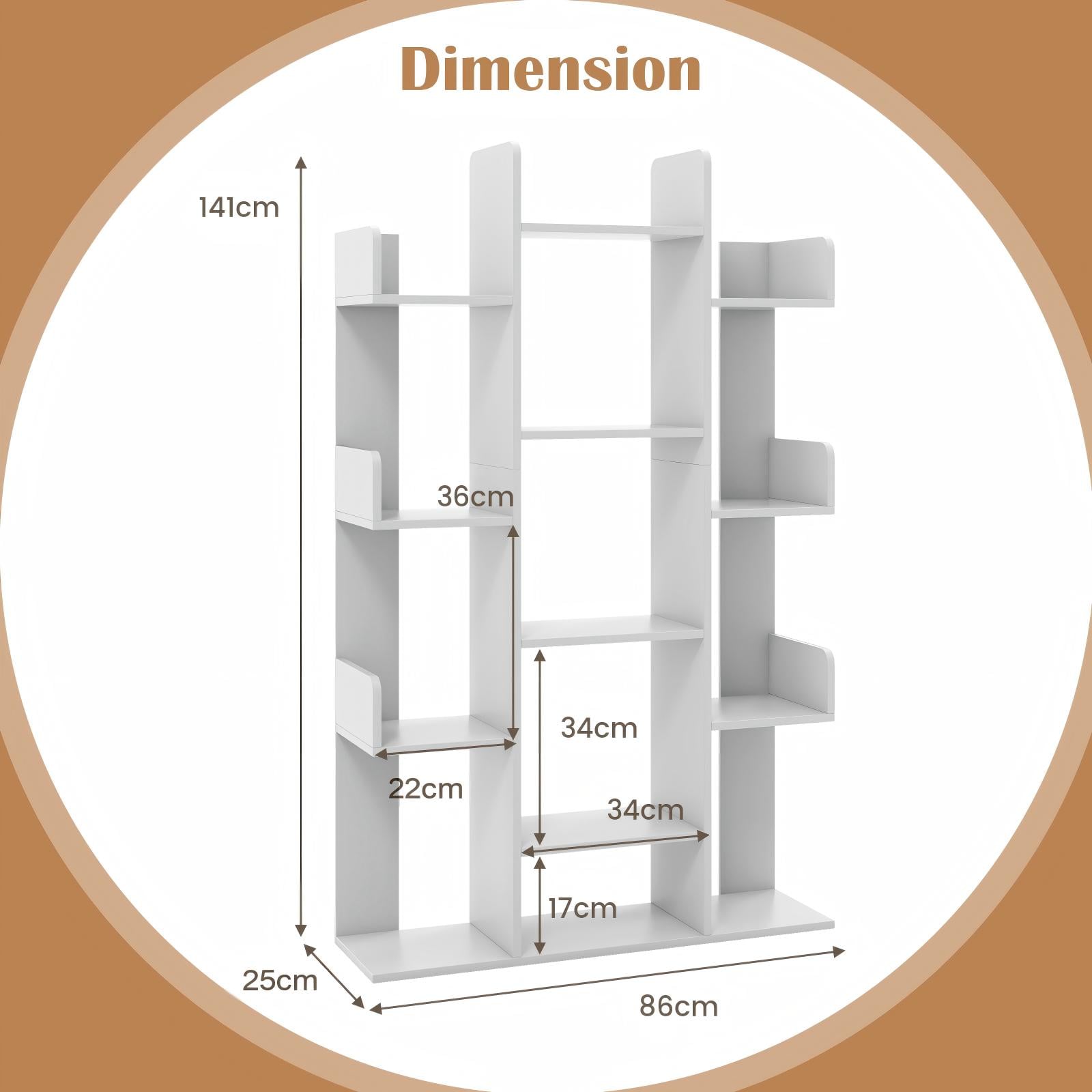 Tree Bookshelf Corner Books Storage Organizer with 13 Open Shelves-Grey