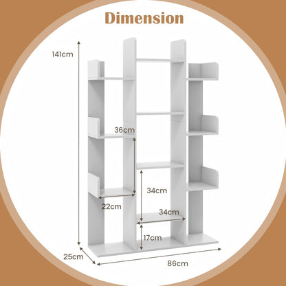 Tree Bookshelf Corner Books Storage Organizer with 13 Open Shelves-Grey