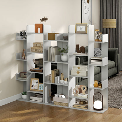 Tree Bookshelf Corner Books Storage Organizer with 13 Open Shelves-Grey
