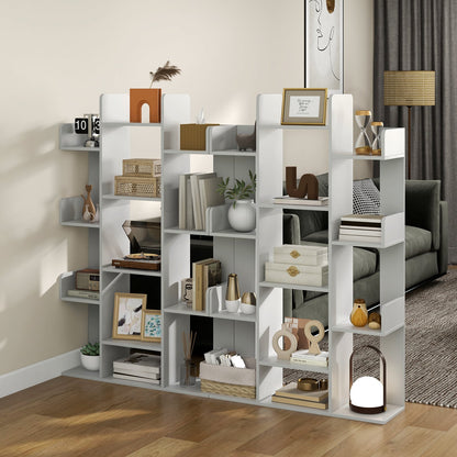 Tree Bookshelf Corner Books Storage Organizer with 13 Open Shelves-Grey