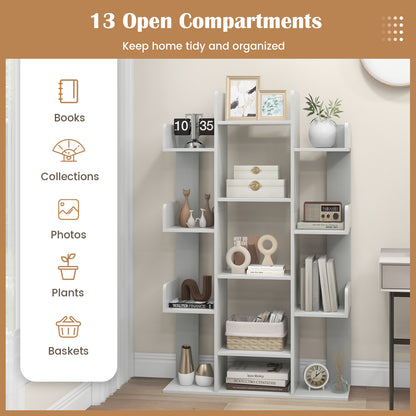 Tree Bookshelf Corner Books Storage Organizer with 13 Open Shelves-Grey