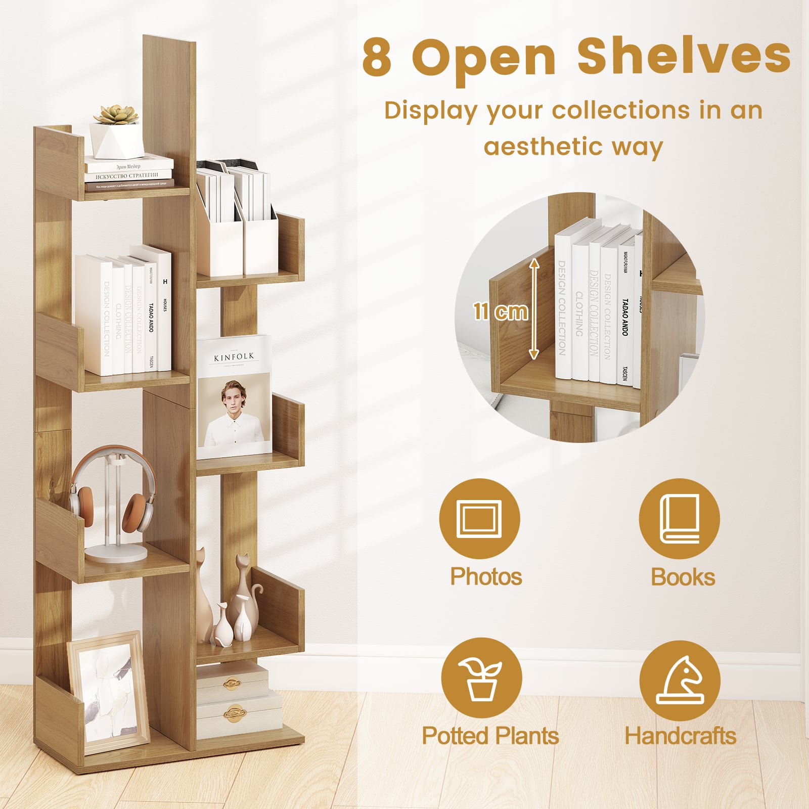 Tree-Shaped Bookshelf with 8 Storage Shelves-Natural
