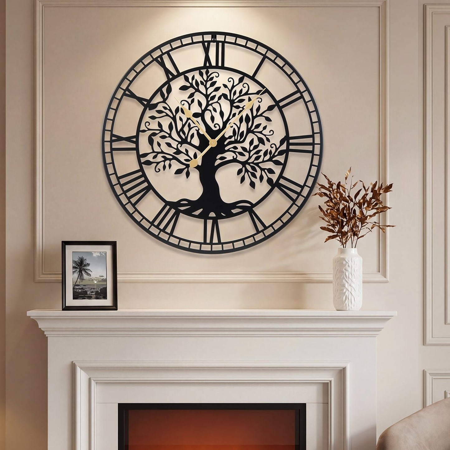 Tree of Life Non-Ticking Metal Wall Clock for Living Room Bedroom Kitchen-Black
