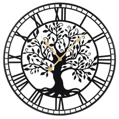 Tree of Life Non-Ticking Metal Wall Clock for Living Room Bedroom Kitchen-Black