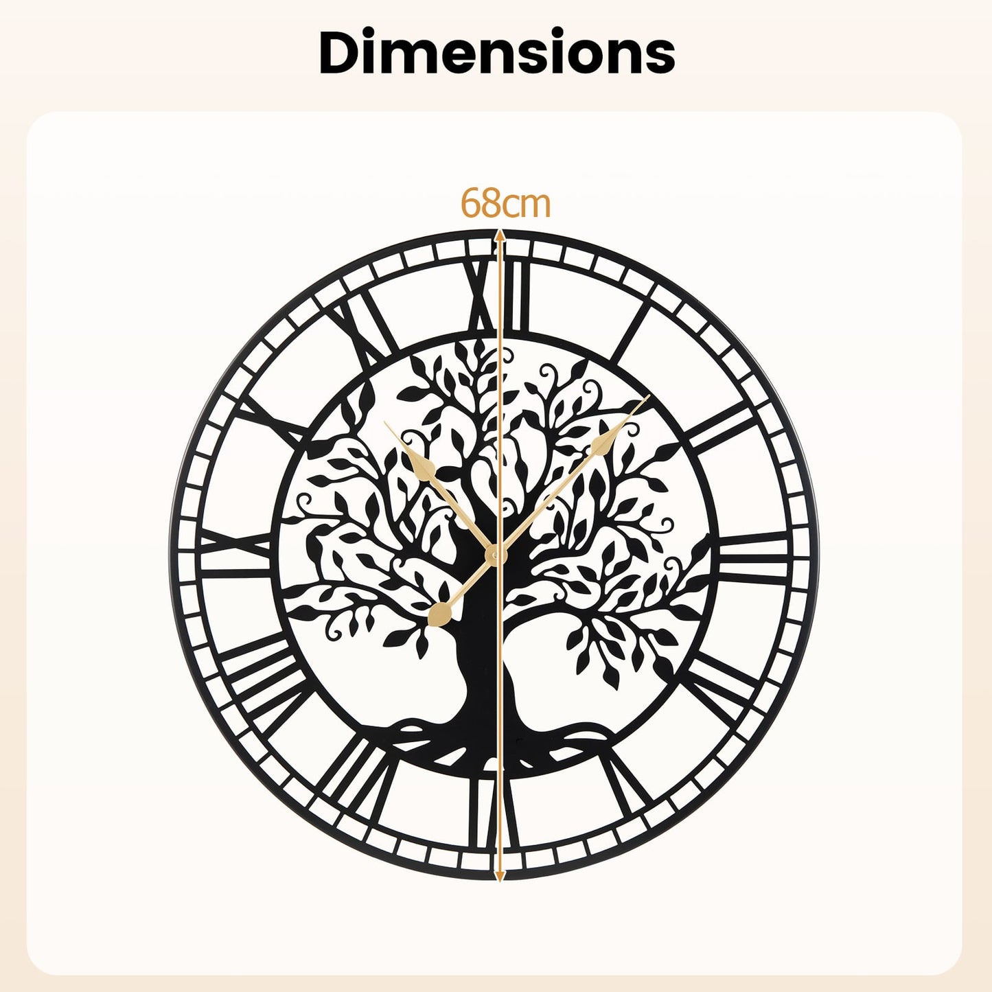 Tree of Life Non-Ticking Metal Wall Clock for Living Room Bedroom Kitchen-Black