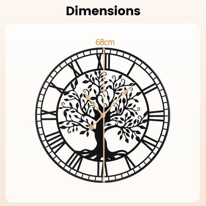 Tree of Life Non-Ticking Metal Wall Clock for Living Room Bedroom Kitchen-Black