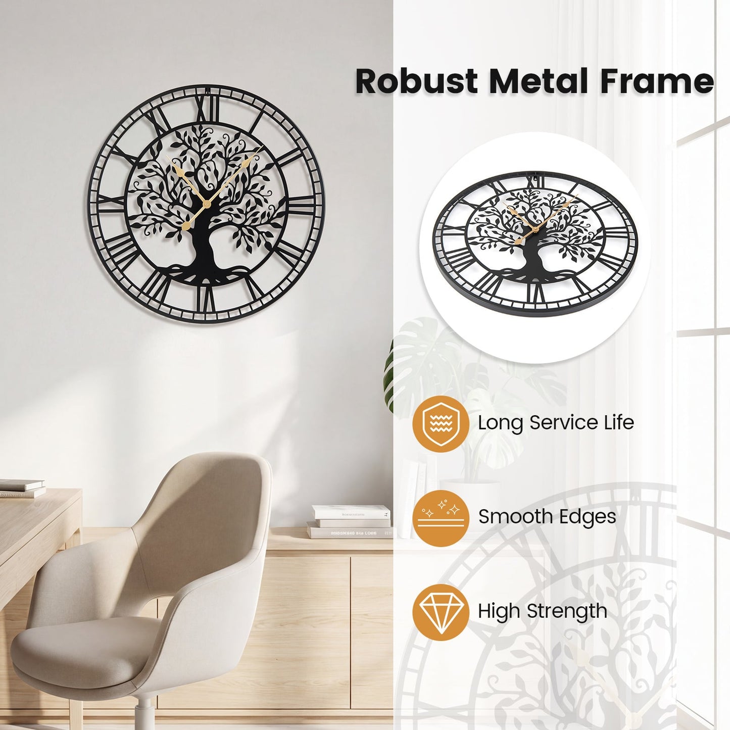 Tree of Life Non-Ticking Metal Wall Clock for Living Room Bedroom Kitchen-Black