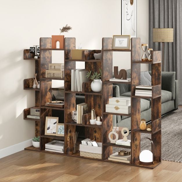 Tree Bookshelf Corner Books Storage Organizer with 13 Open Shelves-Rustic Brown