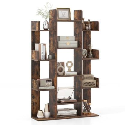 Tree Bookshelf Corner Books Storage Organizer with 13 Open Shelves-Rustic Brown