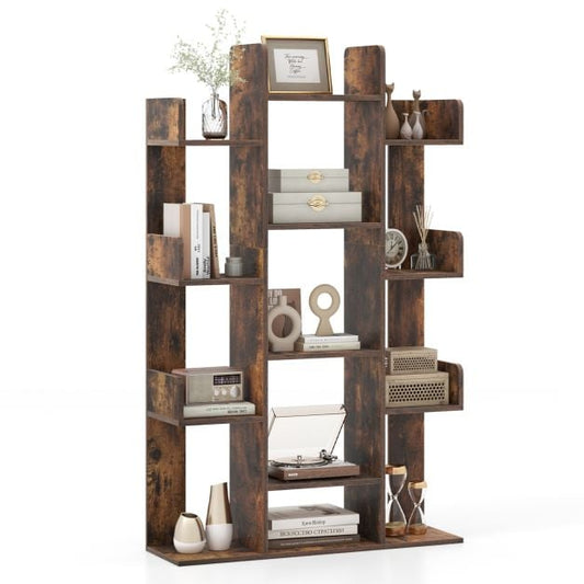 Tree Bookshelf Corner Books Storage Organizer with 13 Open Shelves-Rustic Brown