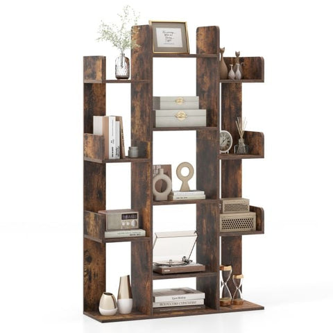 Tree Bookshelf Corner Books Storage Organizer with 13 Open Shelves-Rustic Brown