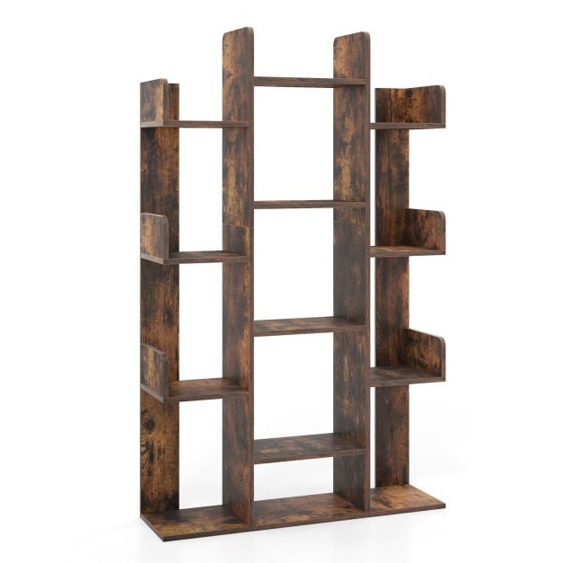 Tree Bookshelf Corner Books Storage Organizer with 13 Open Shelves-Rustic Brown