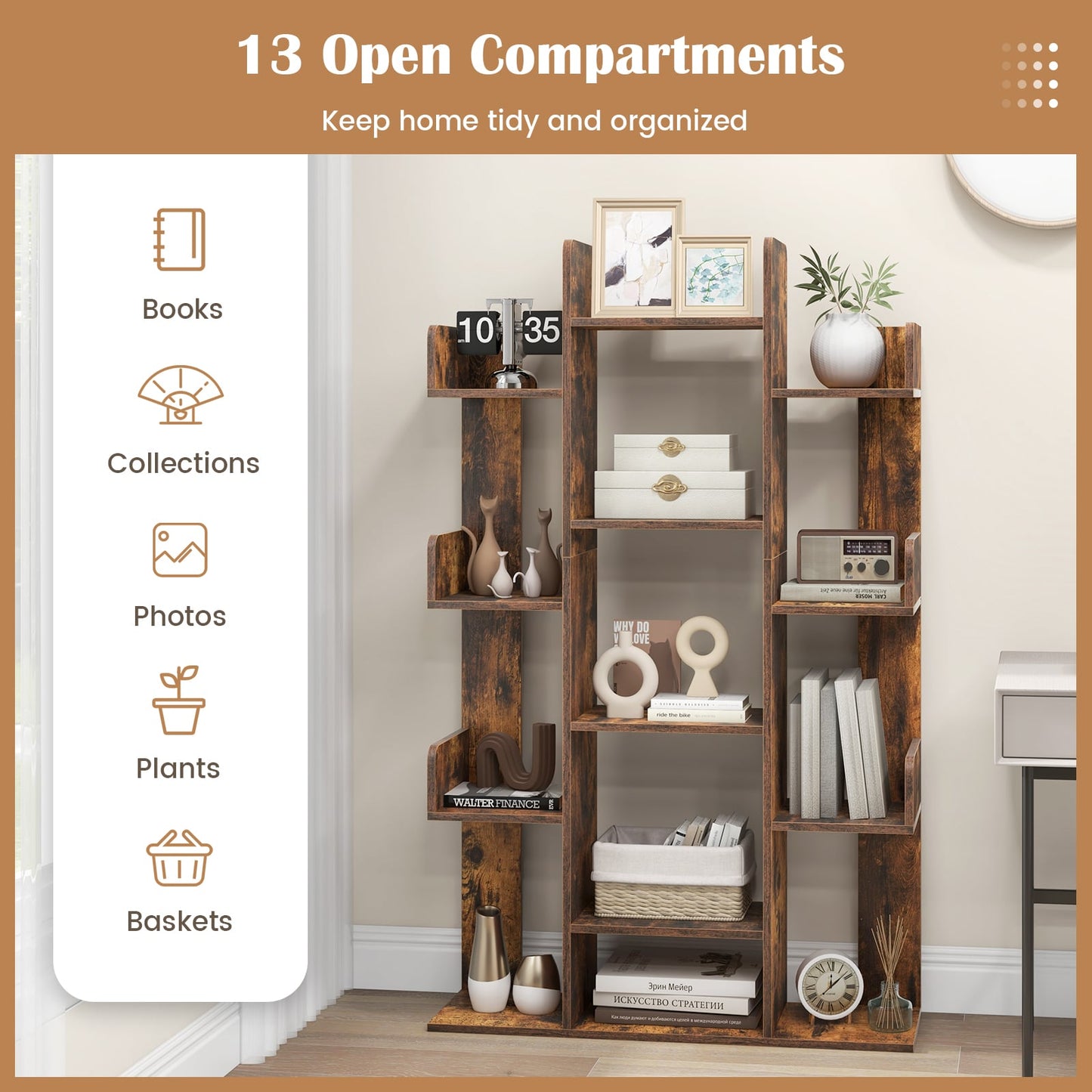 Tree Bookshelf Corner Books Storage Organizer with 13 Open Shelves-Rustic Brown