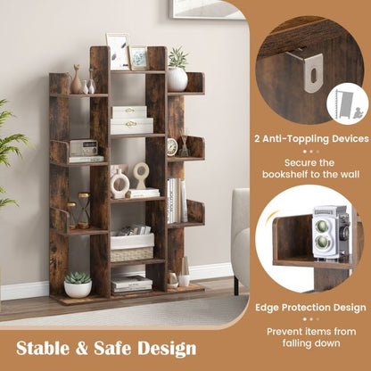 Tree Bookshelf Corner Books Storage Organizer with 13 Open Shelves-Rustic Brown