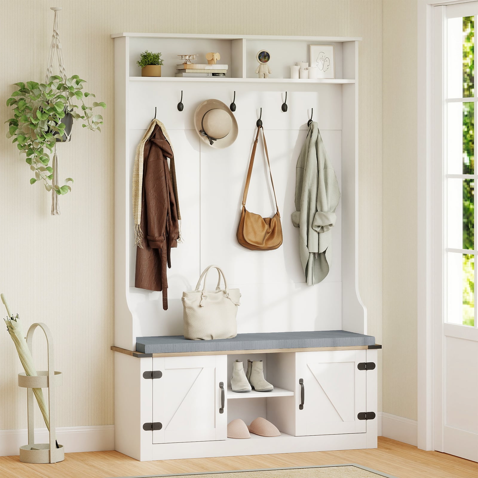 4-in-1 Hall Tree with Cushioned Bench and Shoe Storage for Living Room-White