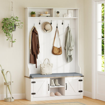 4-in-1 Hall Tree with Cushioned Bench and Shoe Storage for Living Room-White