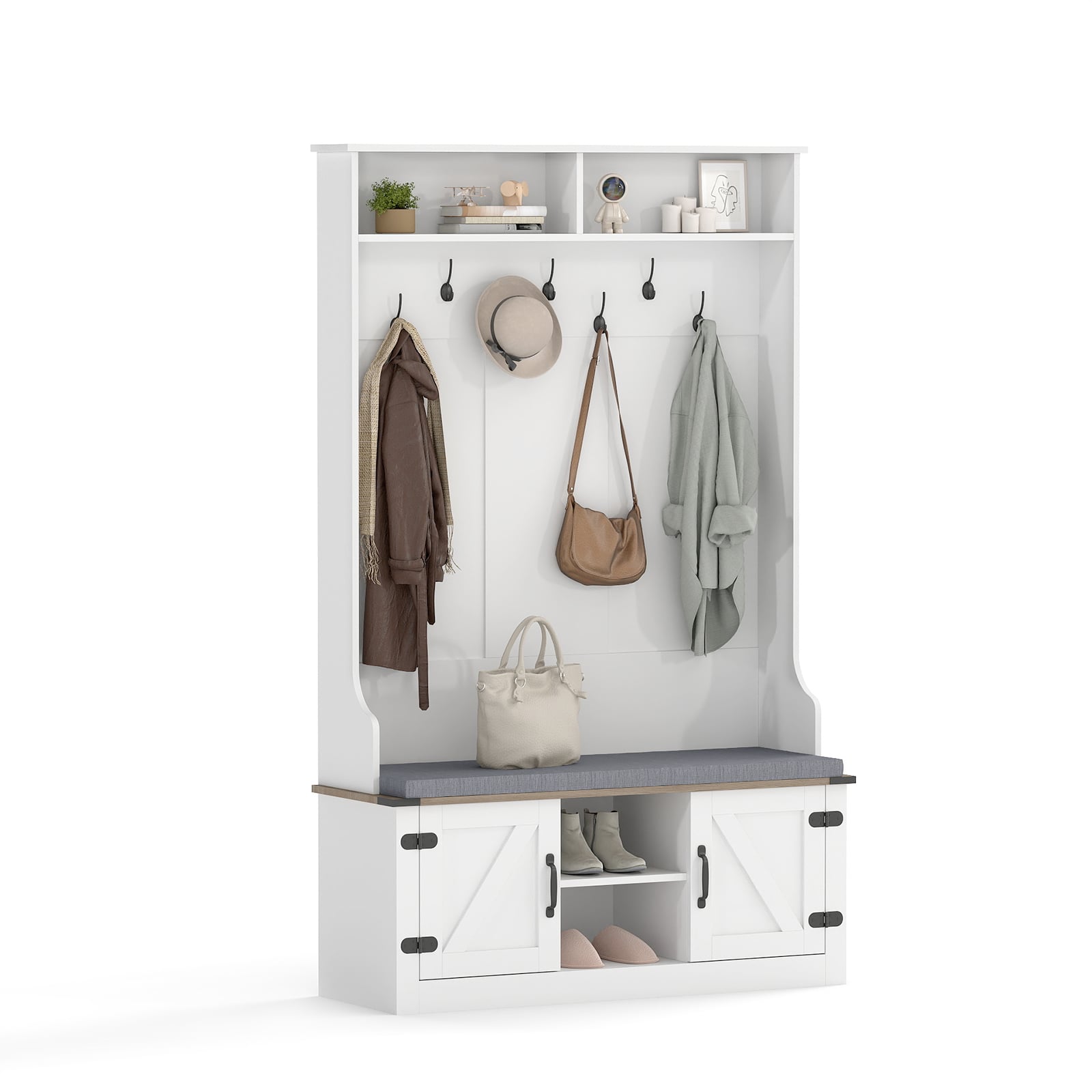 4-in-1 Hall Tree with Cushioned Bench and Shoe Storage for Living Room-White