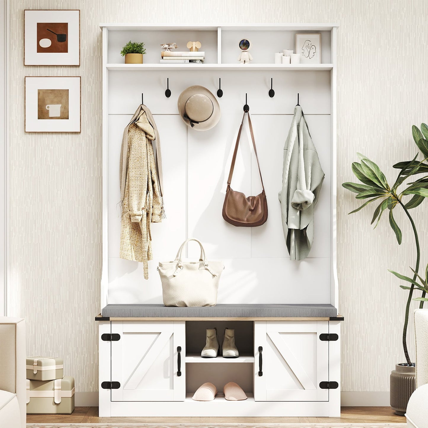 4-in-1 Hall Tree with Cushioned Bench and Shoe Storage for Living Room-White