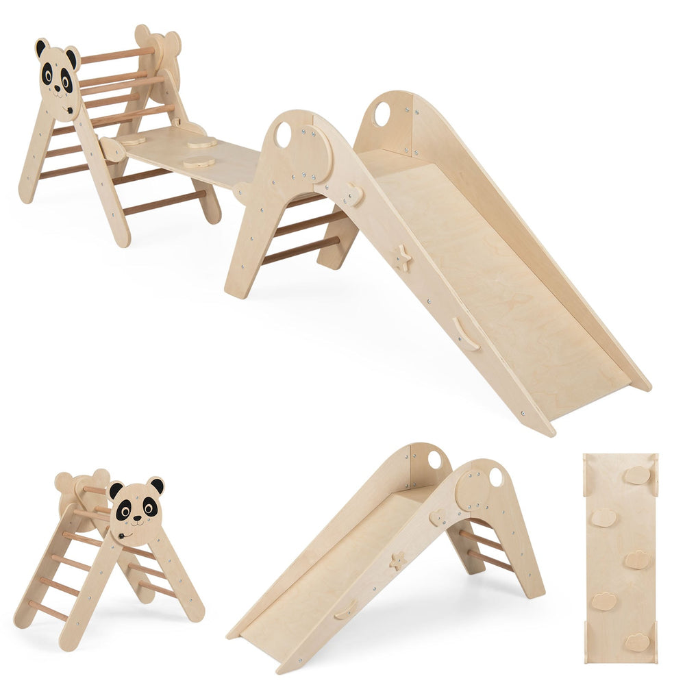 Triangle Set Foldable Kids Climbing Toys Panda-Themed Wood Montessori Climbing Set-Natural
