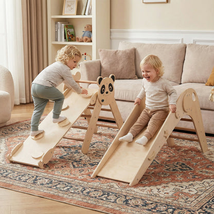 Triangle Set Foldable Kids Climbing Toys Panda-Themed Wood Montessori Climbing Set-Natural