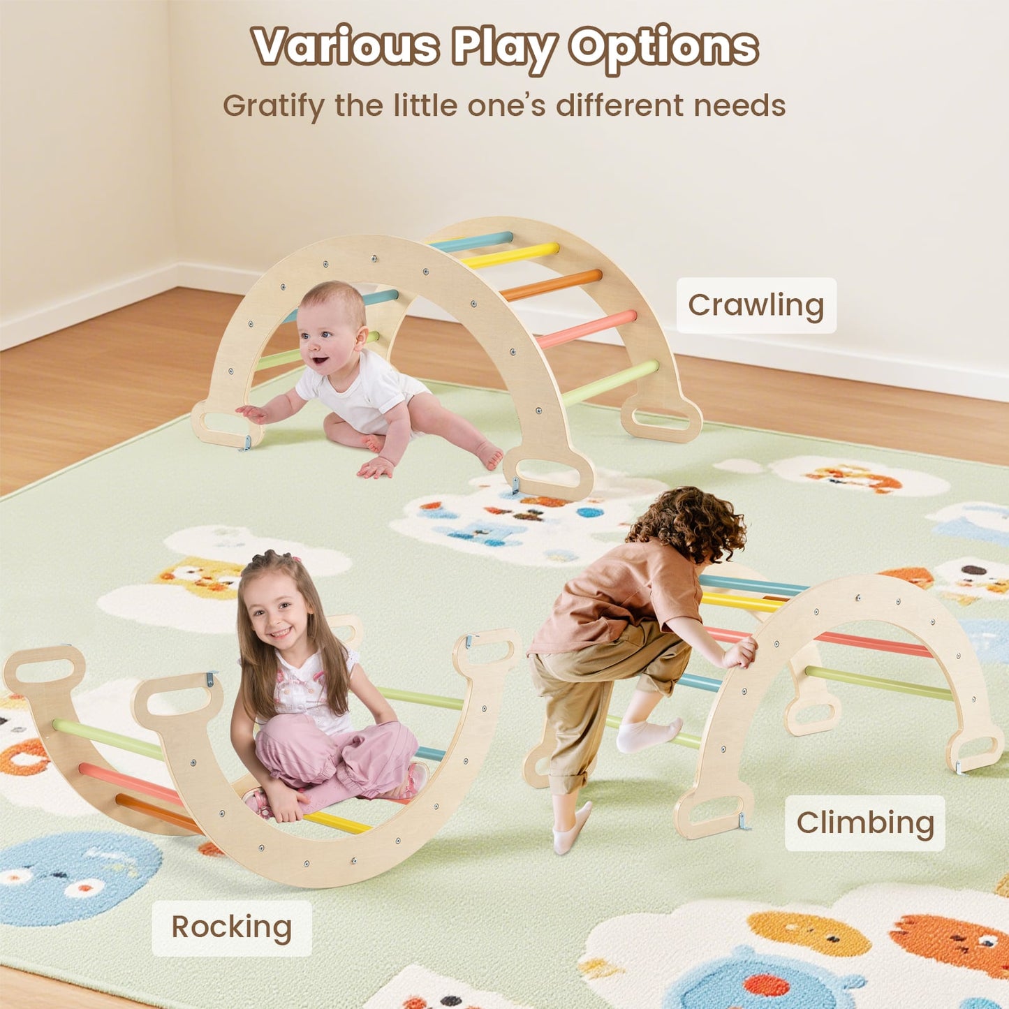 5-in-1 Triangle Climbing Toys with Arch Ramp for 1+ Years Old-Macaron