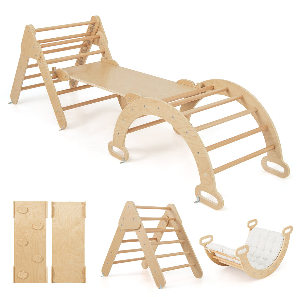5-in-1 Triangle Climbing Toys with Arch Ramp for 1+ Years Old-Wood
