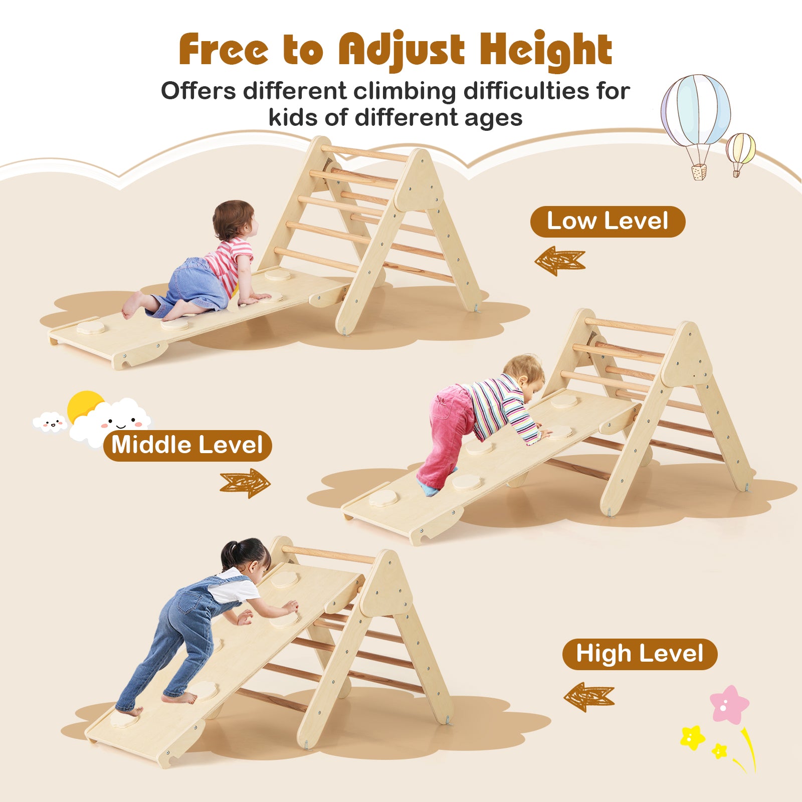 5-in-1 Triangle Climbing Toys with Arch Ramp for 1+ Years Old-Wood