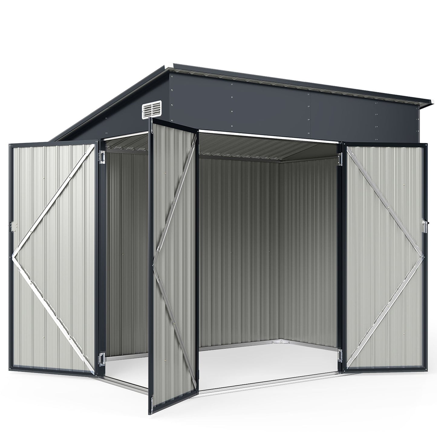 Triple Door Storage Shed with Galvanized Steel Tool and Bike Storage-Grey