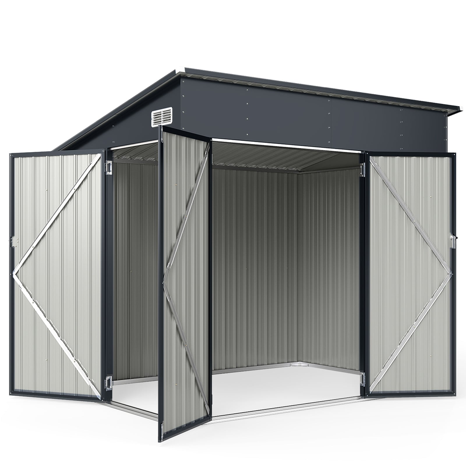 Triple Door Storage Shed with Galvanized Steel Tool and Bike Storage-Grey