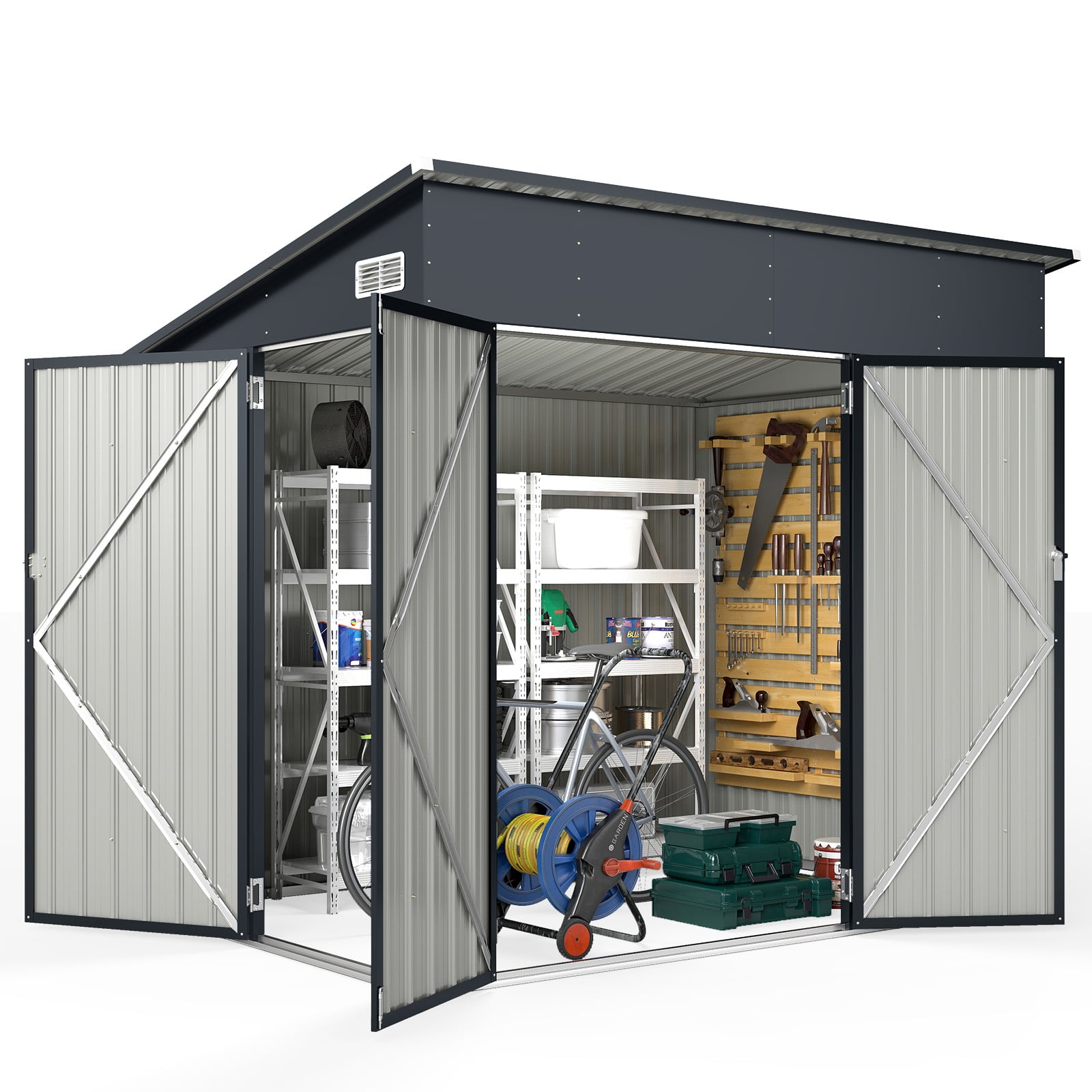 Triple Door Storage Shed with Galvanized Steel Tool and Bike Storage-Grey