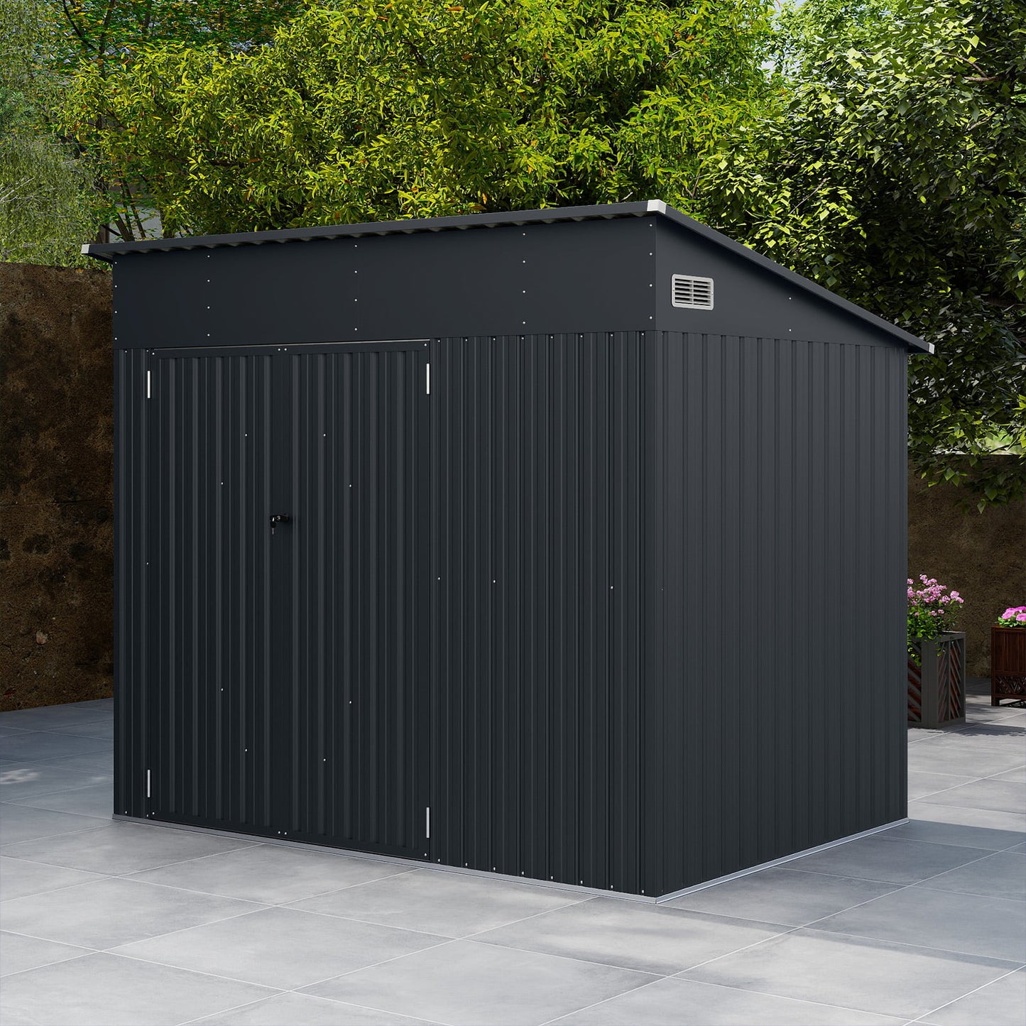 Triple Door Storage Shed with Galvanized Steel Tool and Bike Storage-Grey