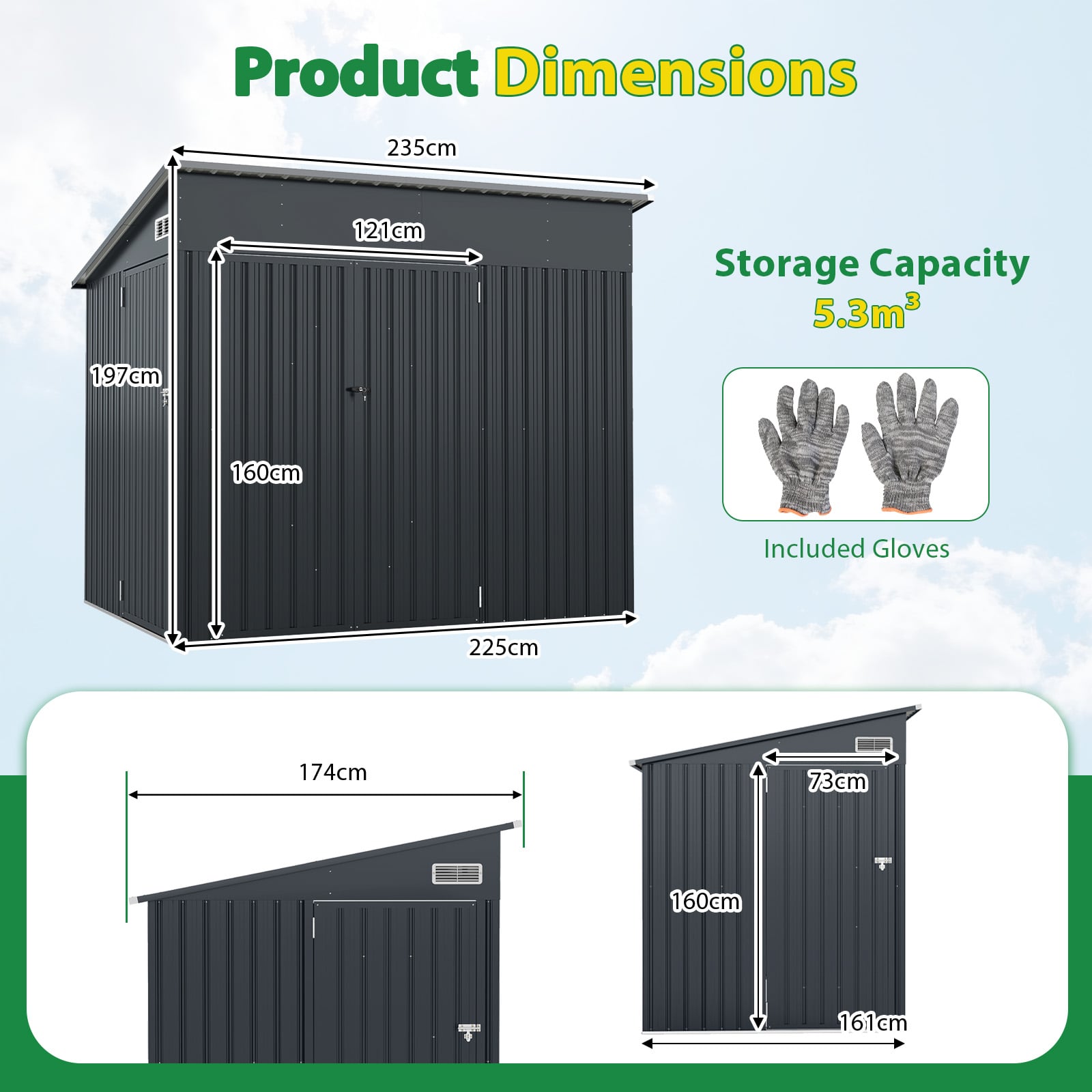 Triple Door Storage Shed with Galvanized Steel Tool and Bike Storage-Grey