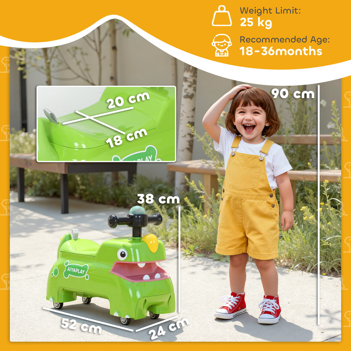 AIYAPLAY Kids Ride On Car, Dinosaur Foot to Floor Slider with Storage, Toddler Walker with Light, Sounds, Green