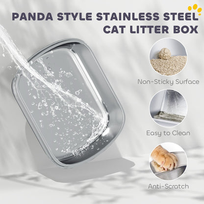 PawHut Panda Style XL Stainless Steel Cat Litter Box with Lid, Enclosed Kitty Litter Box with Scoop, 60 x 40 x 45 cm