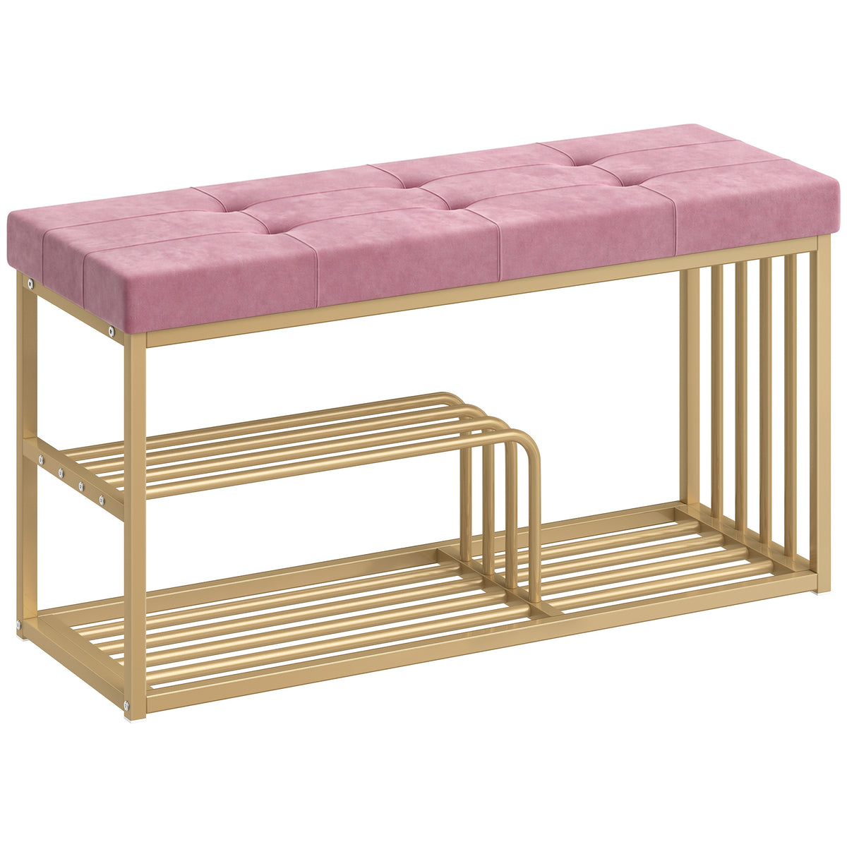 HOMCOM Bench and Shoe Storage, Tufted Shoe Storage Bench with Velvet Seat Cushion Gold Steel Frame for Entryway, Pink