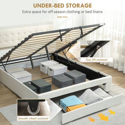 HOMCOM King Size Ottoman Bed Frame, with Front Drawer - Cream