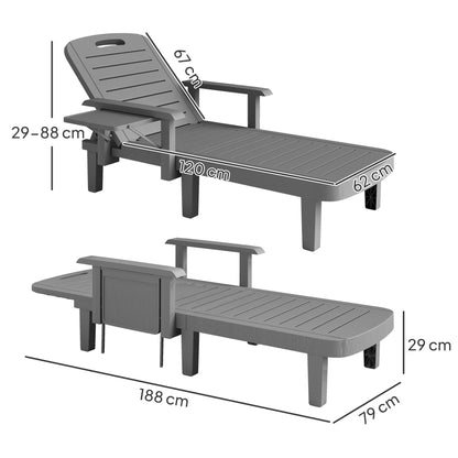 Outsunny Set of 2 Resin Reclining Sun Loungers for Garden, 5 Positions Adjustable Outdoor Chaise Lounge Chairs with Wood Texture Surface, Armrests, Foldable Side Table for Garden, Beach, Dark Grey