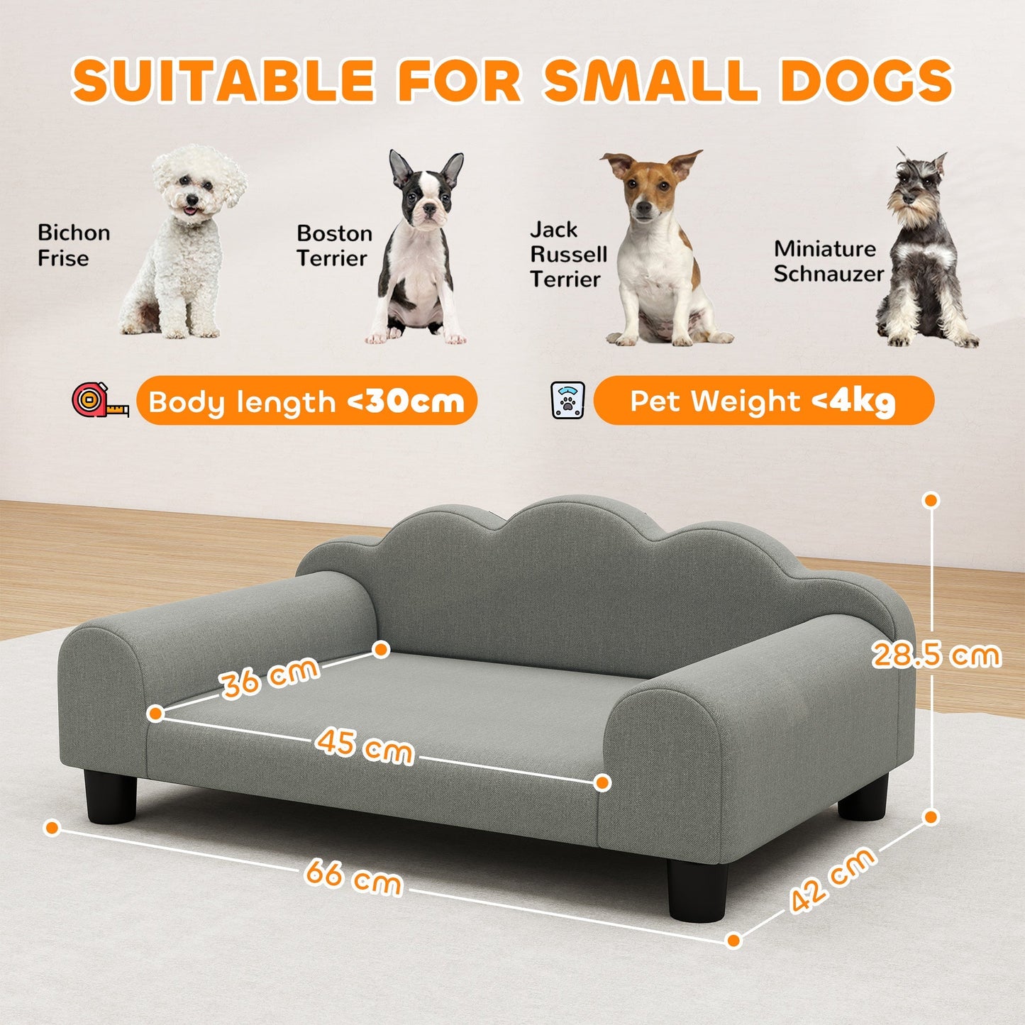 PawHut Elevated Dog Sofa Bed, Breathable Pet Sofa with Backrest and Armrest for Small Dogs, Grey