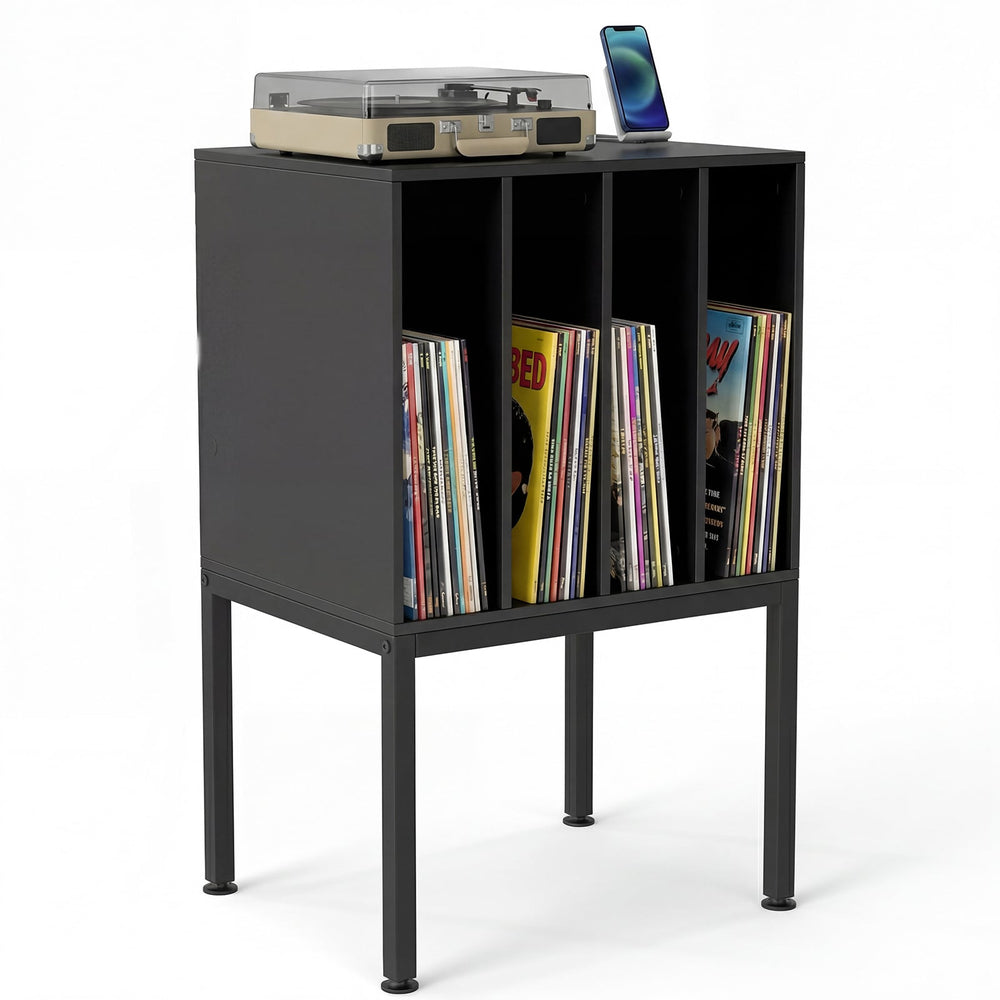 Turntable Stand with Vinyl Storage Shelves and Raised Metal Legs-Black