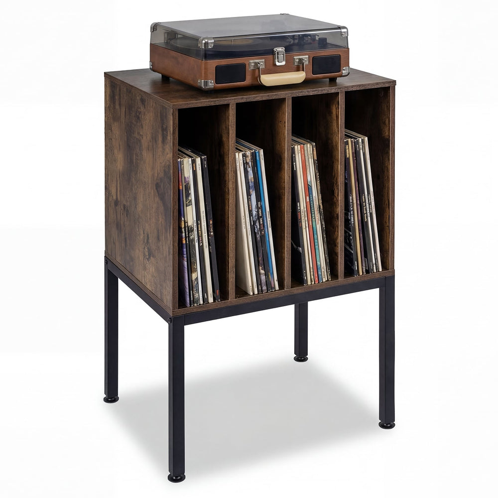 Turntable Stand with Vinyl Storage Shelves and Raised Metal Legs-Rustic Brown
