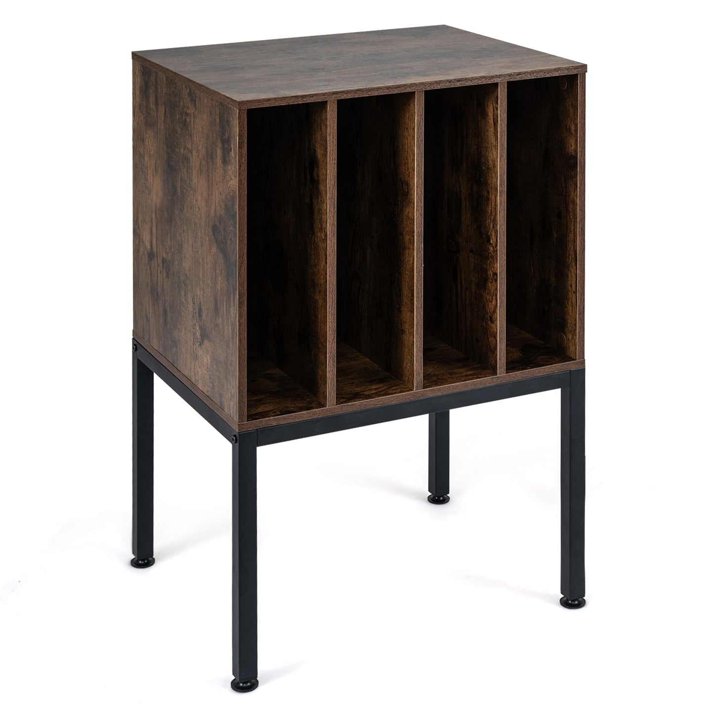 Turntable Stand with Vinyl Storage Shelves and Raised Metal Legs-Rustic Brown