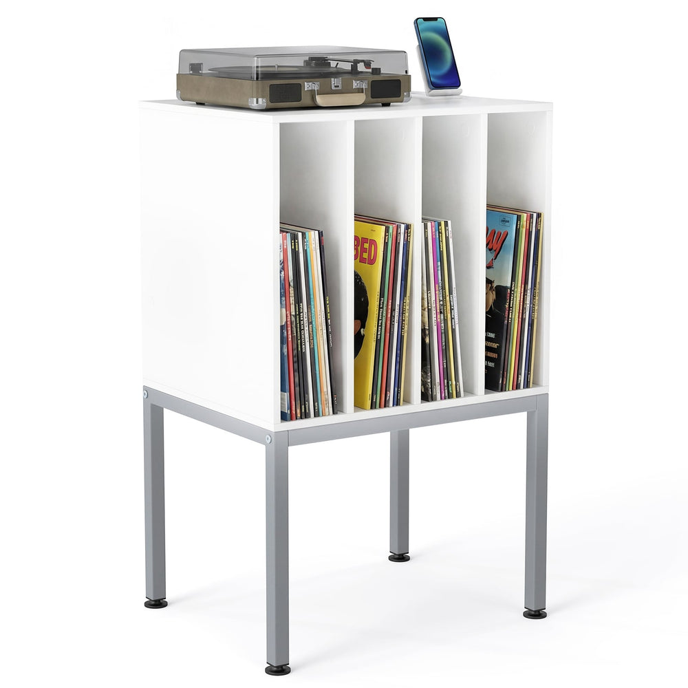 Turntable Stand with Vinyl Storage Shelves and Raised Metal Legs-White